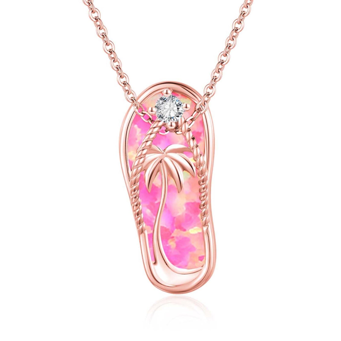 Midir&Etain Pink Opal Flip Flop Necklace 925 Sterling Silver Rose Gold Plated Palm Tree Pendant Beach Necklace Flip Flop Opal Jewelry for Women