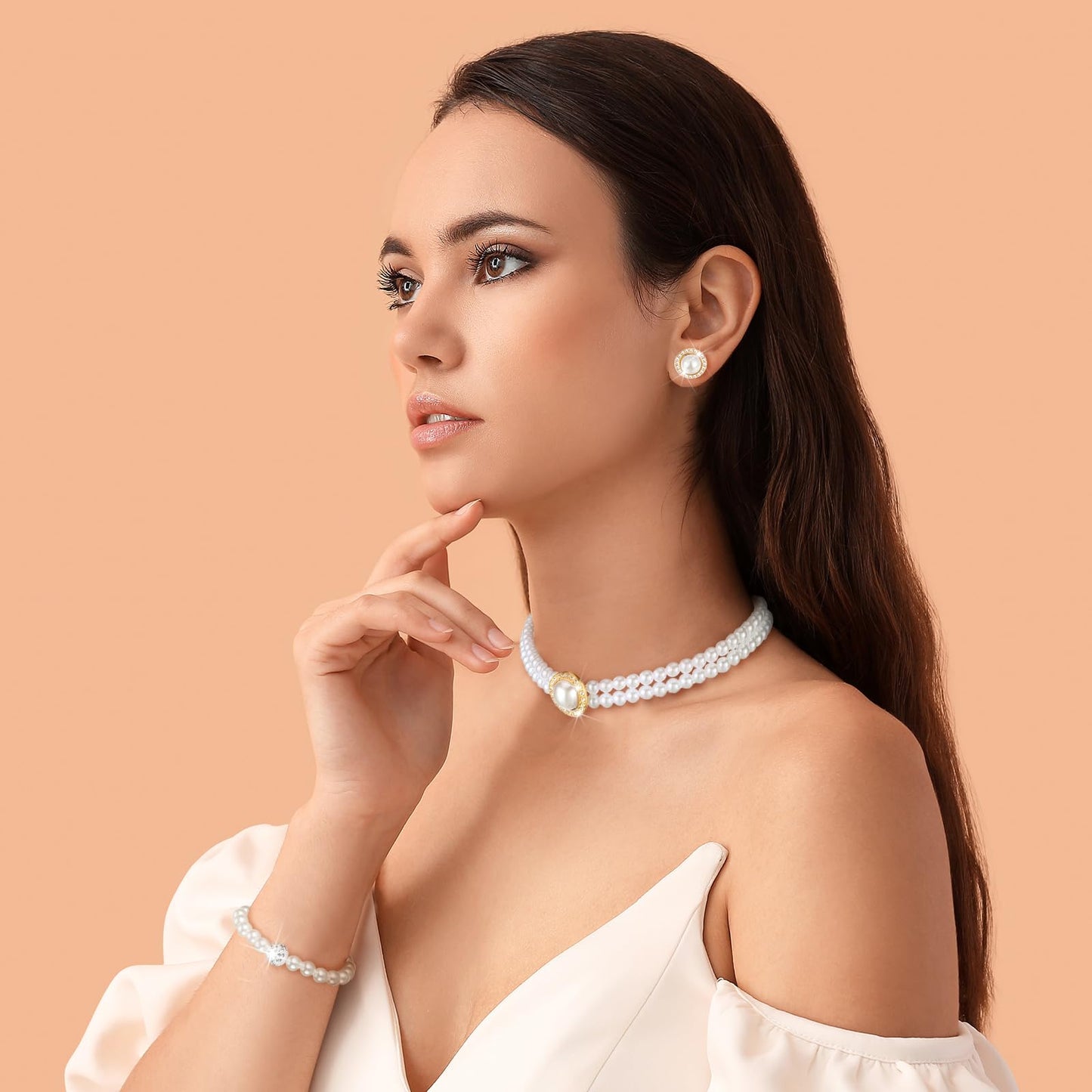 Glenmal Pearl Rhinestone Jewelry Set for Women Pearl Necklace Bracelet Earrings for Wedding Birthday Bridal Shower Tea Party(Trendy Style)