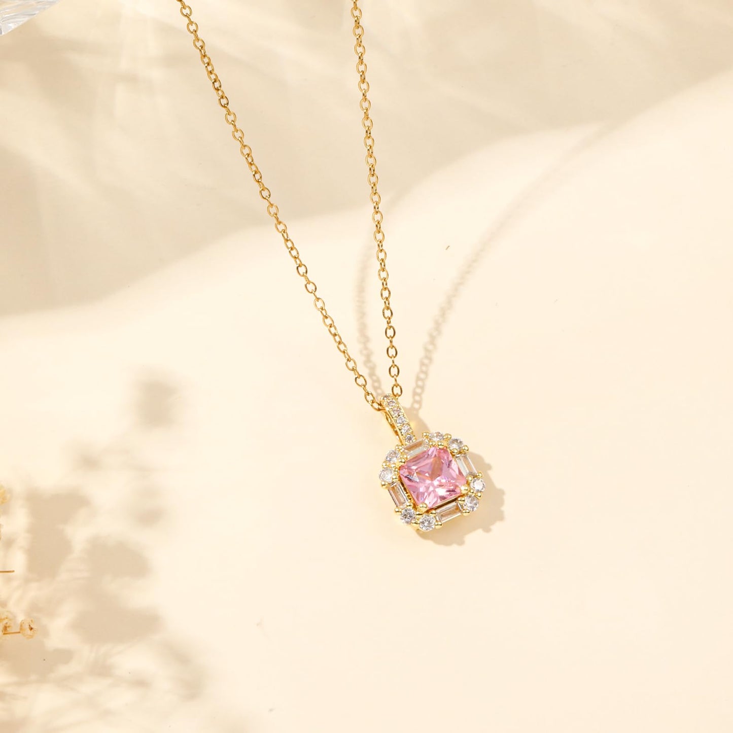 Pink Square Rose Quartz Necklace for Women-Gold Plated October Birthstone Healing Crystal Necklace For Valentine's Day Mother's Day Christmas Birthday Gifts