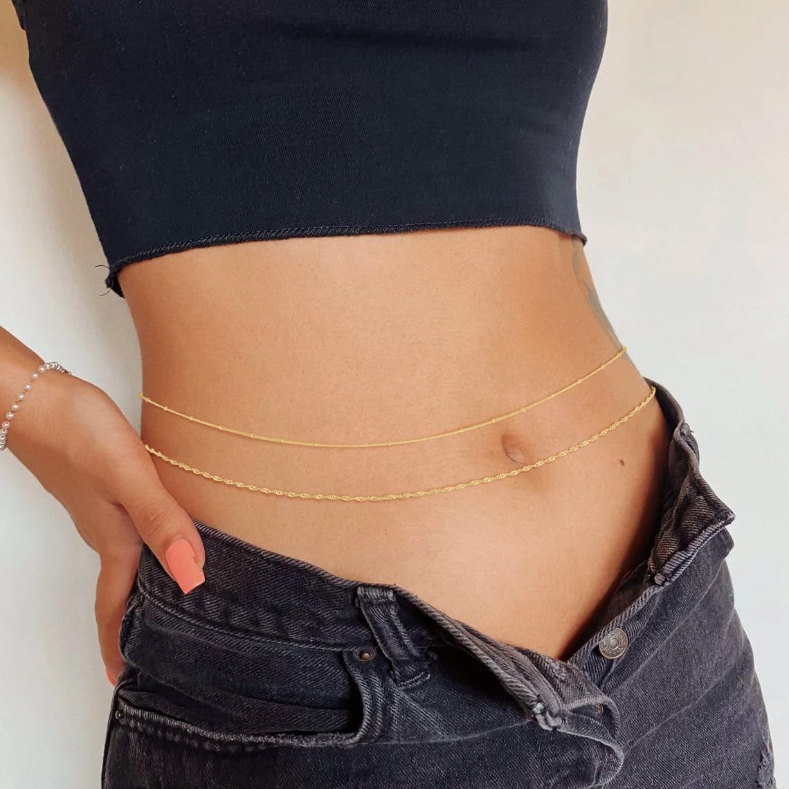 SUFOPE Gold Waist Chain for Women Dainty 14K Gold Plated Rope Belly Chain Adjustable Layered Bikini Belly Beads for the Waist Waterproof Beach Accessories Body Chain Jewelry Gifts