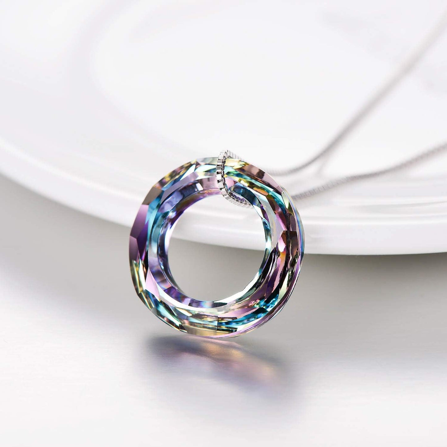 AOBOCO 925 Sterling Silver Circle Necklace with Austrian Crystal, Jewelry for Women Birthday Gift Christmas Holiday Gift（Dia 0.55" Circle Purple）