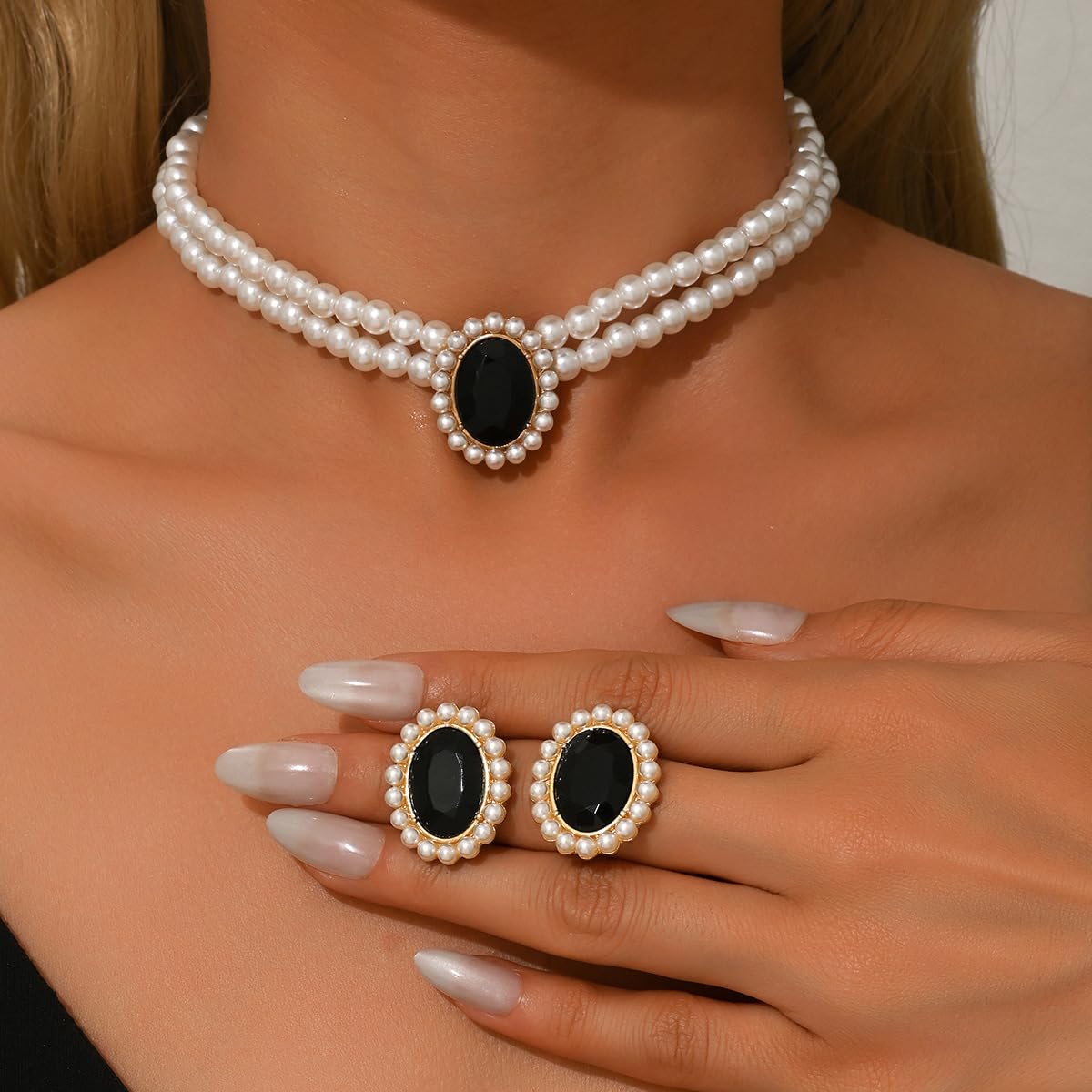 CSIYANJRY99 Pearl Necklace and Earring Set Faux Pearl Jewelry Sets for Women Imitation Beaded Pearl Necklace Bracelet Stud Earrings for Women（BK）