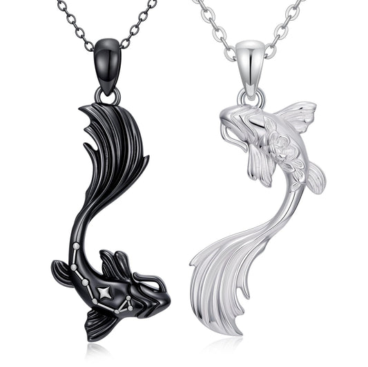 OHAYOO Koi Fish Necklace 925 Sterling Silver Couple Necklace with Koi Fish Pendant Koi Fish Jewelry for Couples Black and Silver