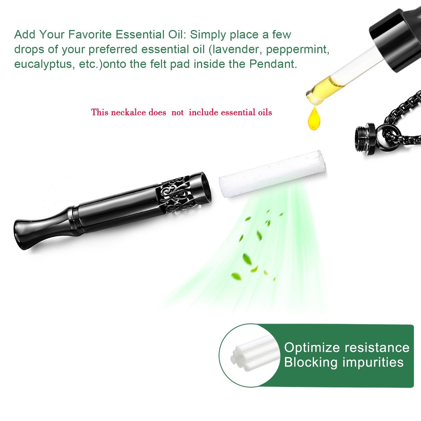 Anxiety Relief Pendant Mindfulness Breathing Necklace - Essential Oil Diffuser & Personal Inhaler Aromatherapy Necklaces for Women & Men (Black)