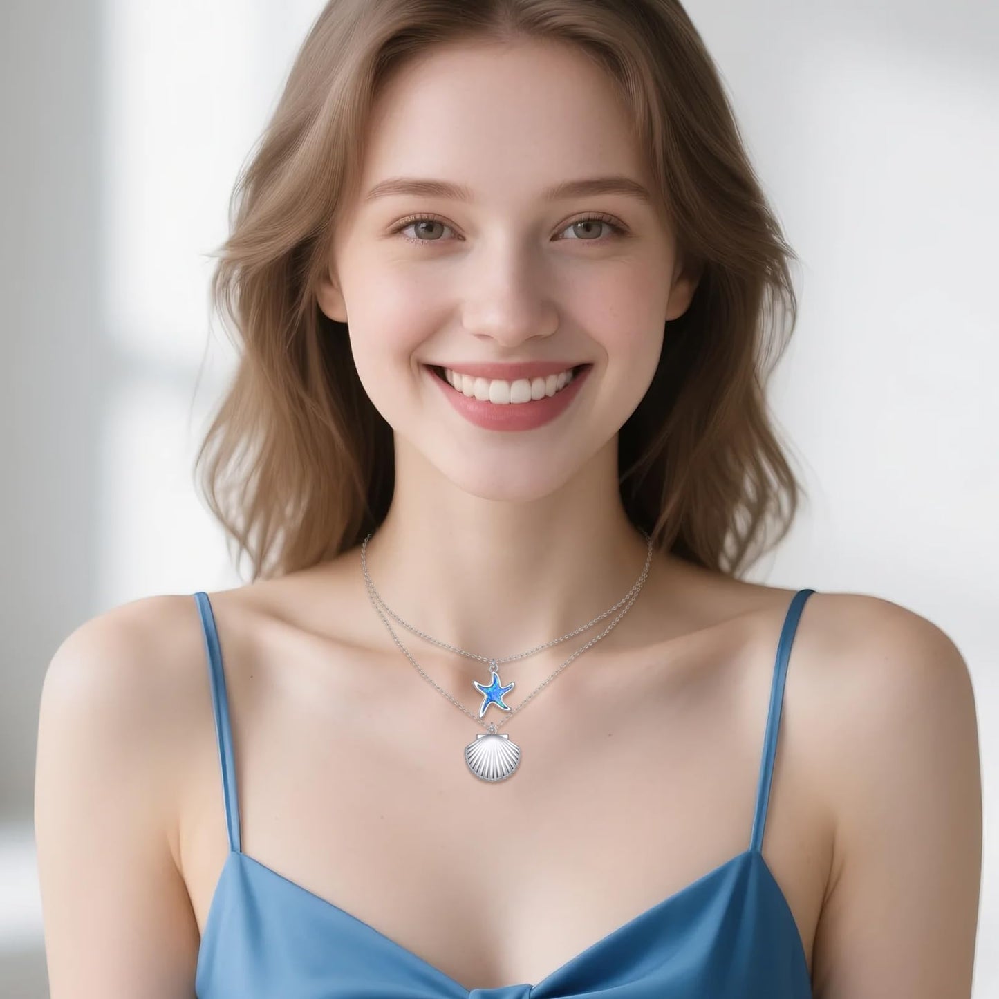 LUHE Starfish Necklace Sterling Silver Shell Pendant Blue Opal Sea shell Jewelry Ocean Necklace Gift for Women
