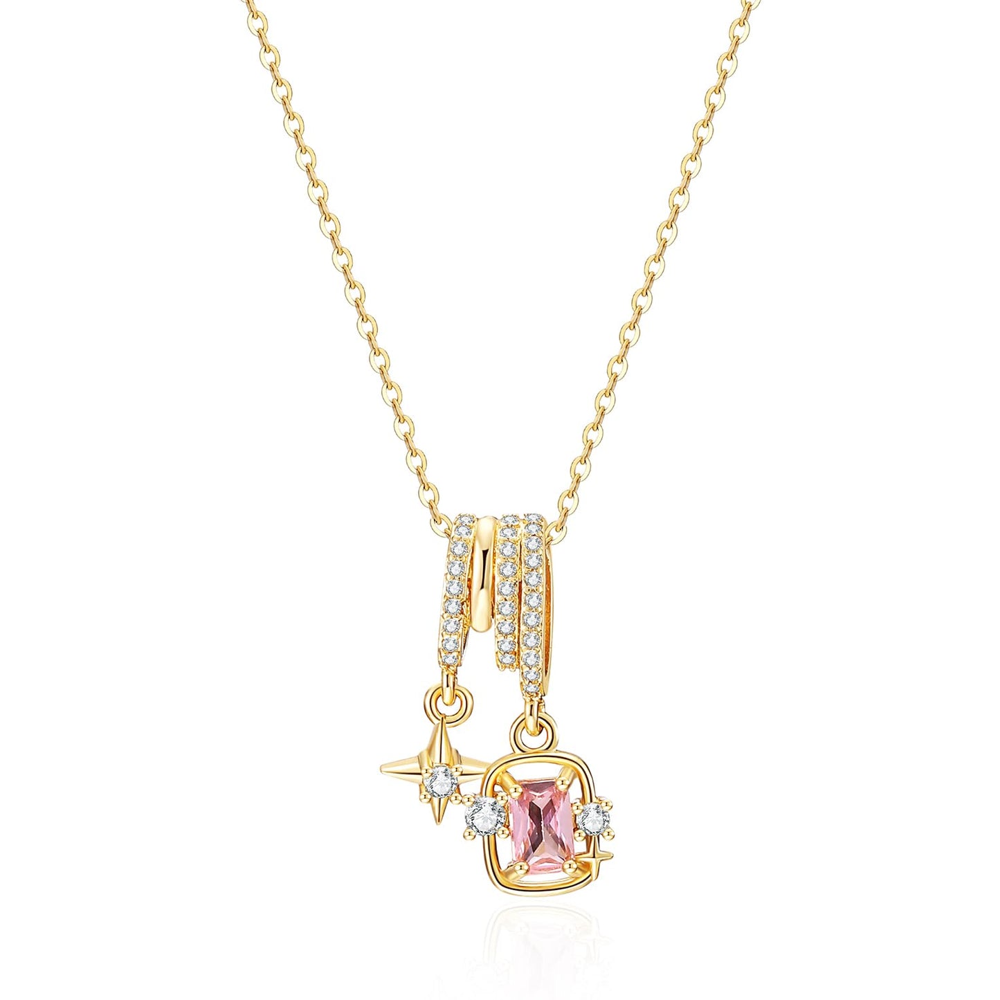 crataly Star And Rose Quartz Necklace For Women-Gold Plated Multi-Pendant October Birthstone Necklace For Valentines Day Mother's Day Christmas Birthday Gifts