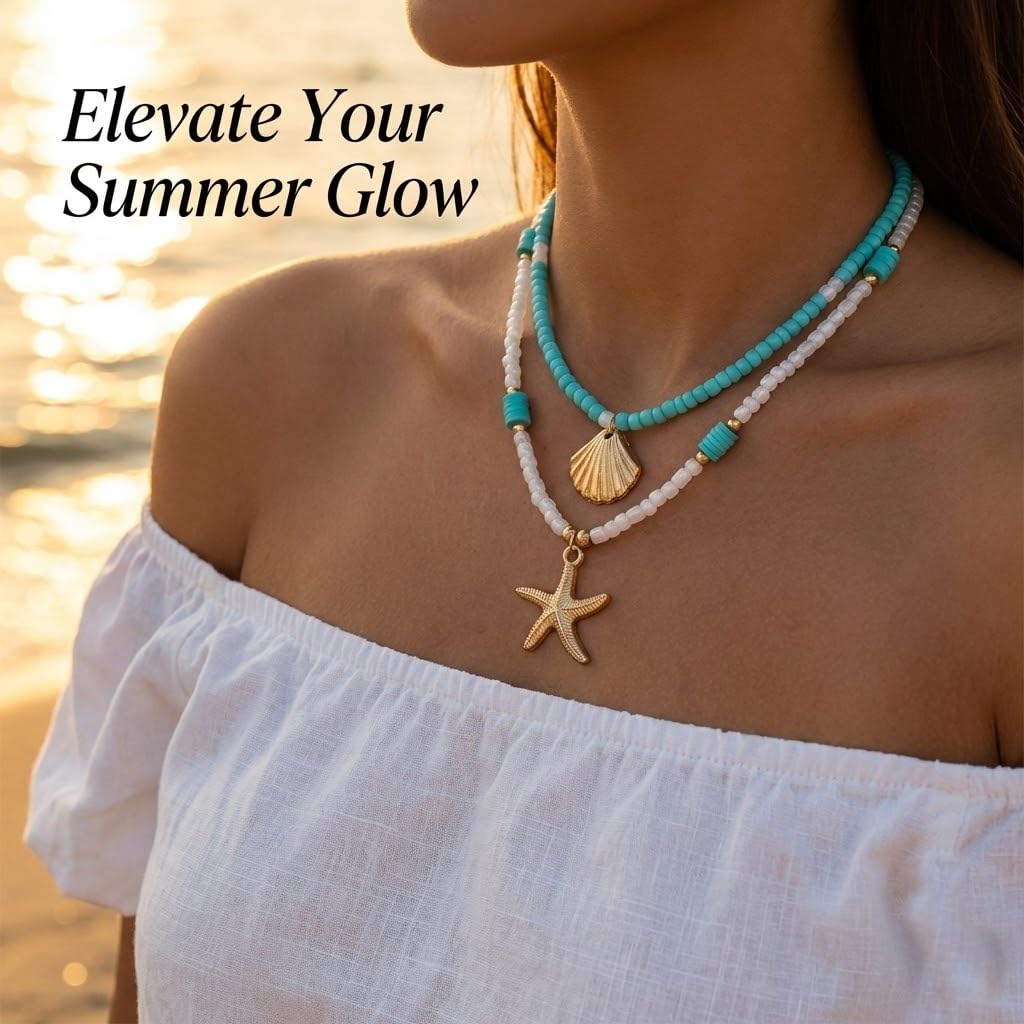 Tazimo 2Pcs Shell Starfish Layered Necklaces,Boho Beach Summer Necklace Gold Pendant Tropical Necklace Blue&White Beaded Necklaces Jewelry Gifts for Women (A:Blue&White)