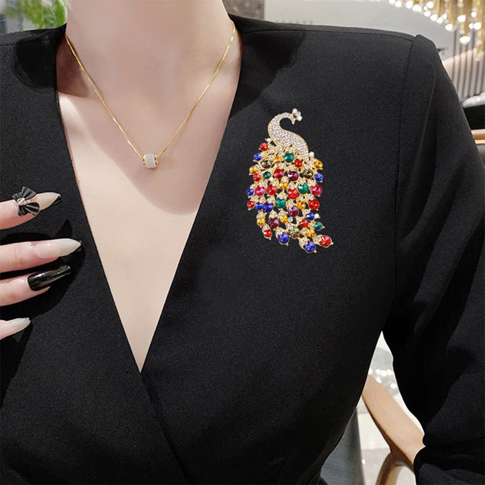 Rhinestone Peacock Brooch Pin for Women Girls Fashion Exquisite Exaggerated Big Crystal Bird Animal Brooches Lapel Pins Elegant Dress Accessories Wedding Christmas Birthday Jewelry Gift (Gold-Tone)