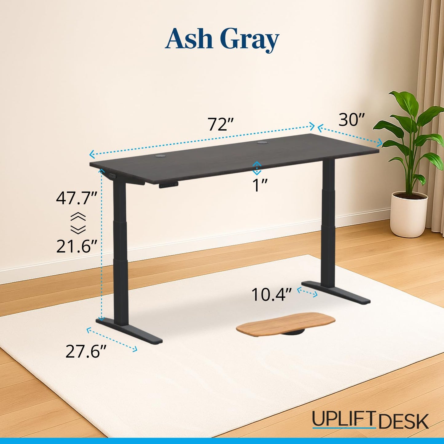 UPLIFTDESK V3 2-Leg Ash Gray Laminate Wood Standing Desk – Adjustable Height, Advanced 1-Touch Memory Keypad, Under Desk Cable Management, Wire Grommets & Rocker Board (Black -Frame, 72 x 30 inch)