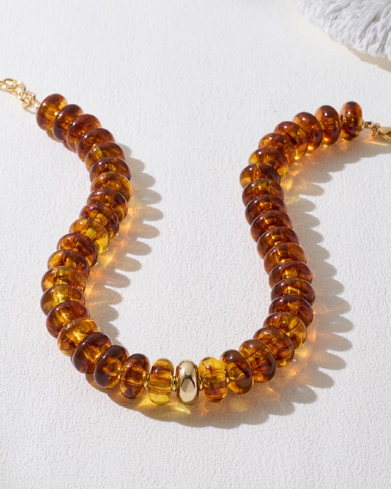 FAUTHENTICUTE Chunky Brown Beaded Necklace for Women Translucent Amber Brown Bead Choker Statement Adjustable Beach Necklace Trendy Summer Jewelry Gift