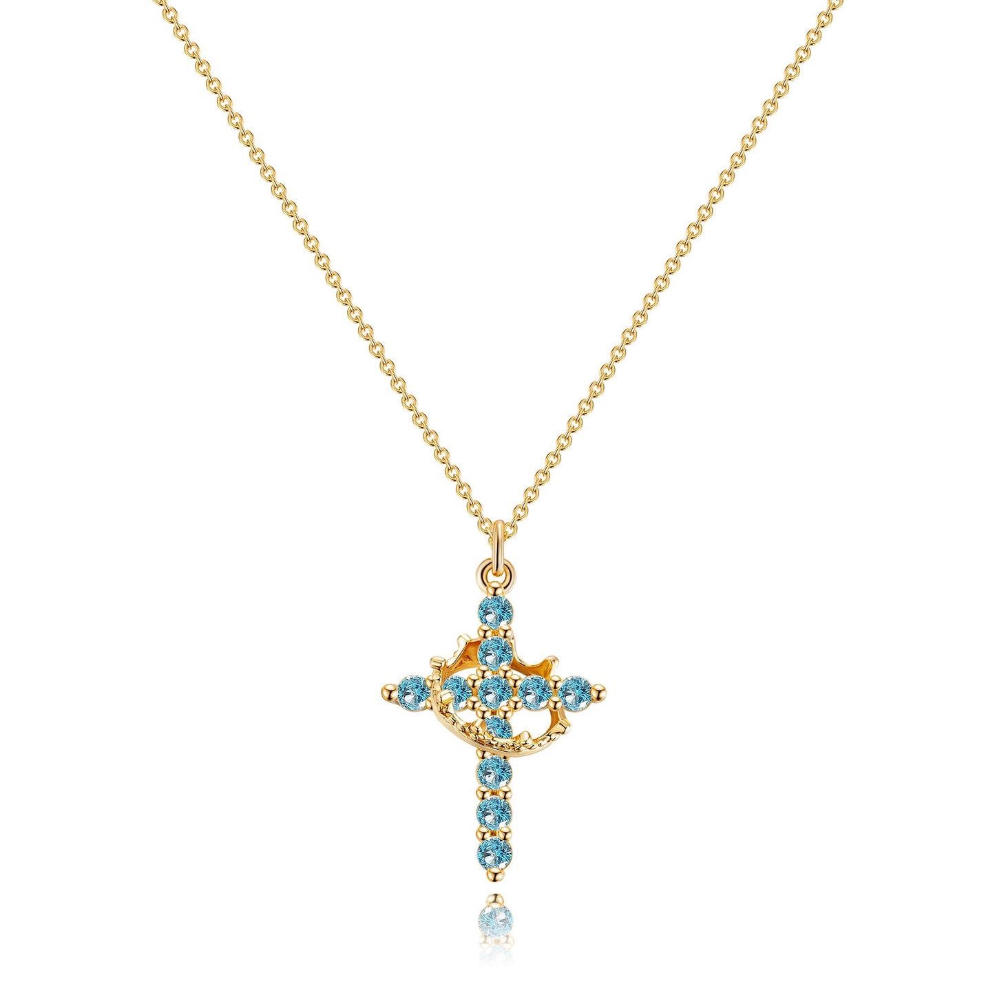 Robaice Birthstone Crown Cross Necklace for Women, Gold-Plated Christian Faith Necklace, Cross Jewelry Gift for Women, March Blue Aquamarine Gift