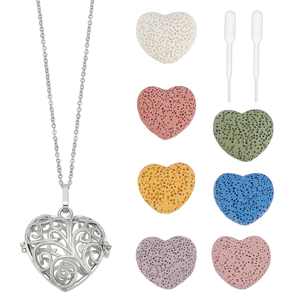 PH PandaHall Aromatherapy Essential Oil Diffuser Necklaces Love Heart Hollow Locket Pendant Necklace Tree of Life Pattern Locket Pendant Scent Necklace with 7 Lava Rocks Stones for Men Women Gifts