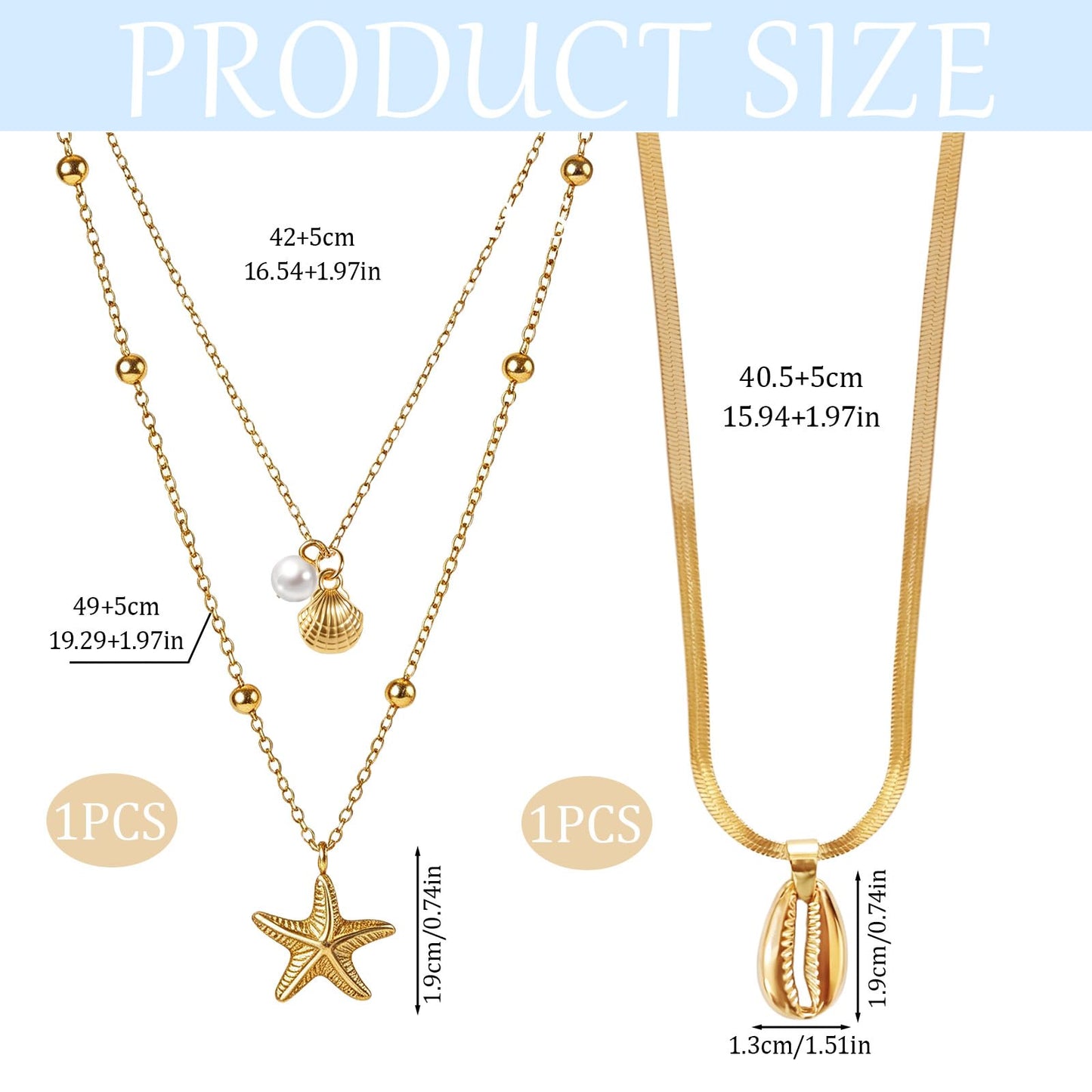 Qoncosy 2 Pcs starfish necklace, layered gold tone chain seashell pendant, beach vacation coastal accessories, gold color party daily wear women