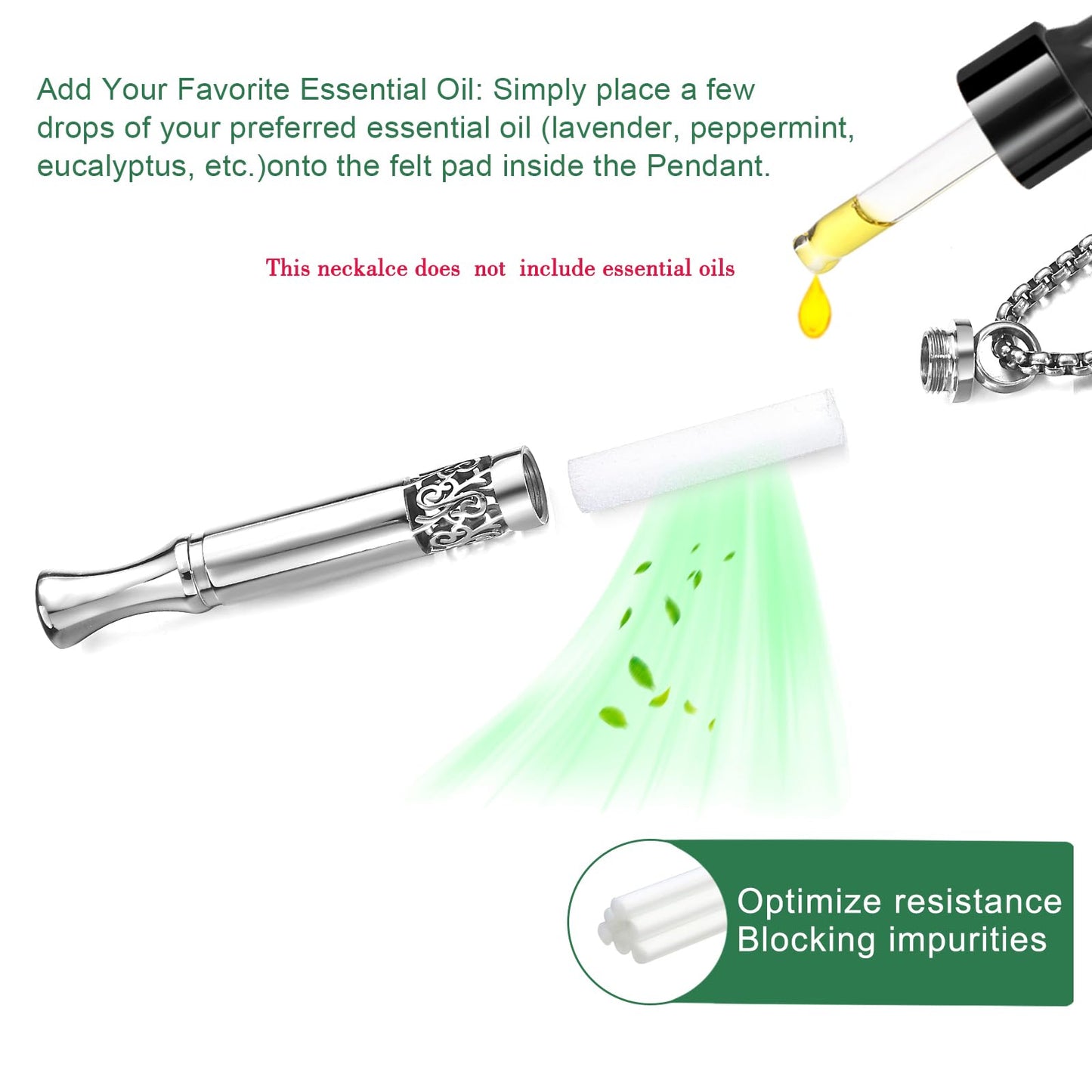 Anxiety Relief Pendant Mindfulness Breathing Necklace - Essential Oil Diffuser & Personal Inhaler Aromatherapy Necklaces for Women & Men (Steel)