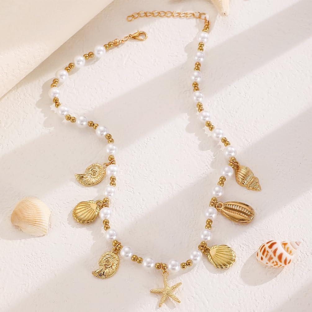 Gold Starfish Conch Oval Pearl SeaShell Necklace for Women Trendy, Statement Boho Shell Pearls Beaded Chain Necklaces Holiday Beach Party Jewelry (Gold 2)