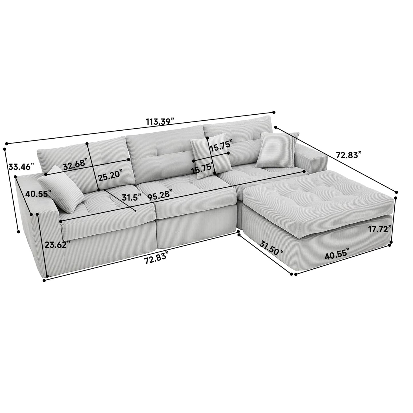 113-Inch L-Shaped Modular Corner Cloud Sofa Corduroy Tufted Foam Sectional with Deep Seat, 4 Pieces Compressed Boneless Sofa Couch with Movable Ottoman & 4 Toss Pillows