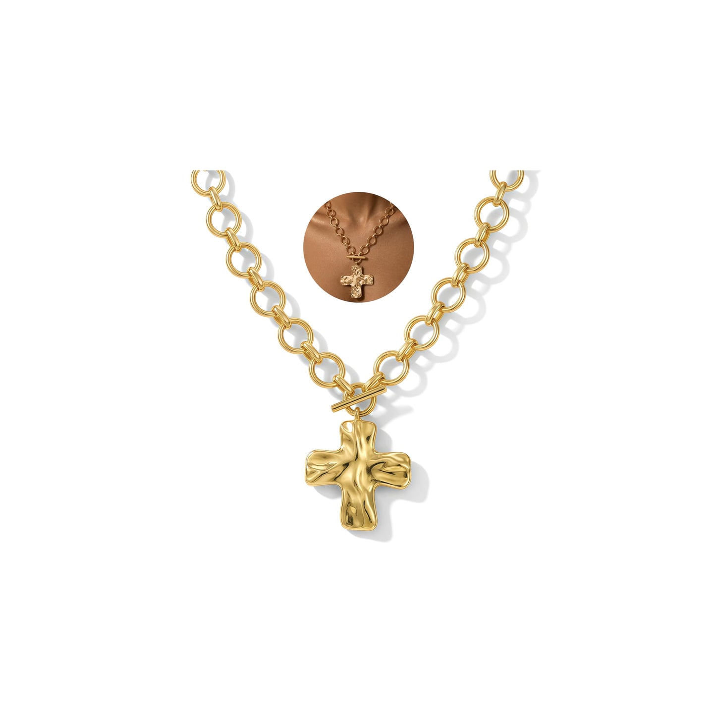 FAXHION Chunky Cross Necklace for Women, Gold Toggle Chain Statement Necklace with Hammered Cross Pendant, Vintage Chunky Necklace Jewelry Gift for Women