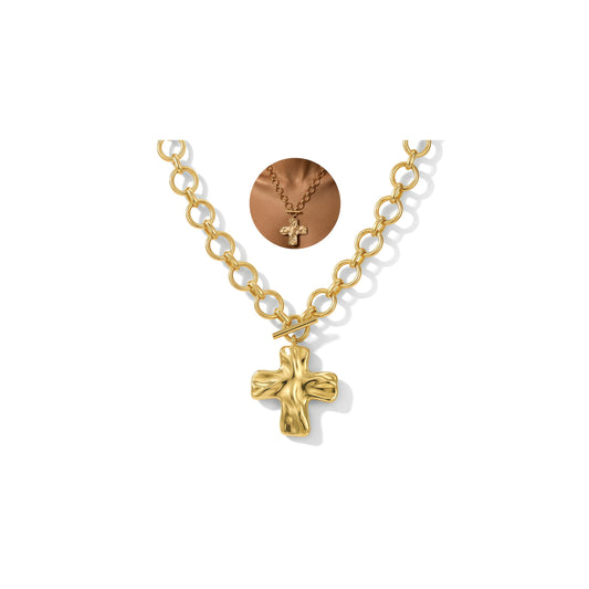 FAXHION Chunky Cross Necklace for Women, Gold Toggle Chain Statement Necklace with Hammered Cross Pendant, Vintage Chunky Necklace Jewelry Gift for Women
