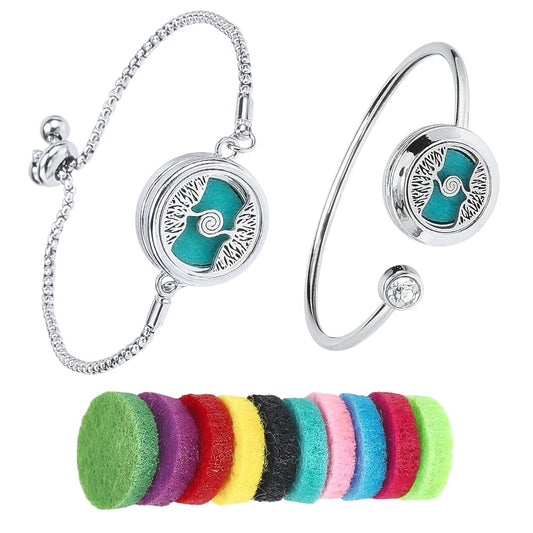 SUNNYCLUE 1 Box 2 Sets Essential Oil Bracelets Tree of Life Bangle Bracelet with 10Pcs Refill Pads Aromatherapy Diffuser Stainless Steel Adjustable Chain Band Pendant Jewelry for Women Gifts Birthday