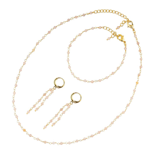 CRYSTALINES (3pcs) Natural Peach Moonstone Gemstone Cluster Combo Set, 14K Gold Plated Jewelry, Spinel Crystals Rosary Chain, Handmade Bohemian Jewelry for Her