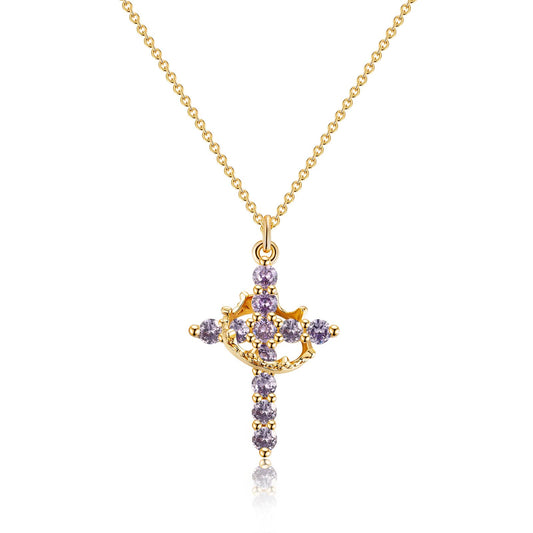 Robaice Birthstone Crown Cross Necklace for Women, Gold-Plated Christian Faith Necklace, Cross Jewelry Gift for Women, June Purple Alexandrite Gift