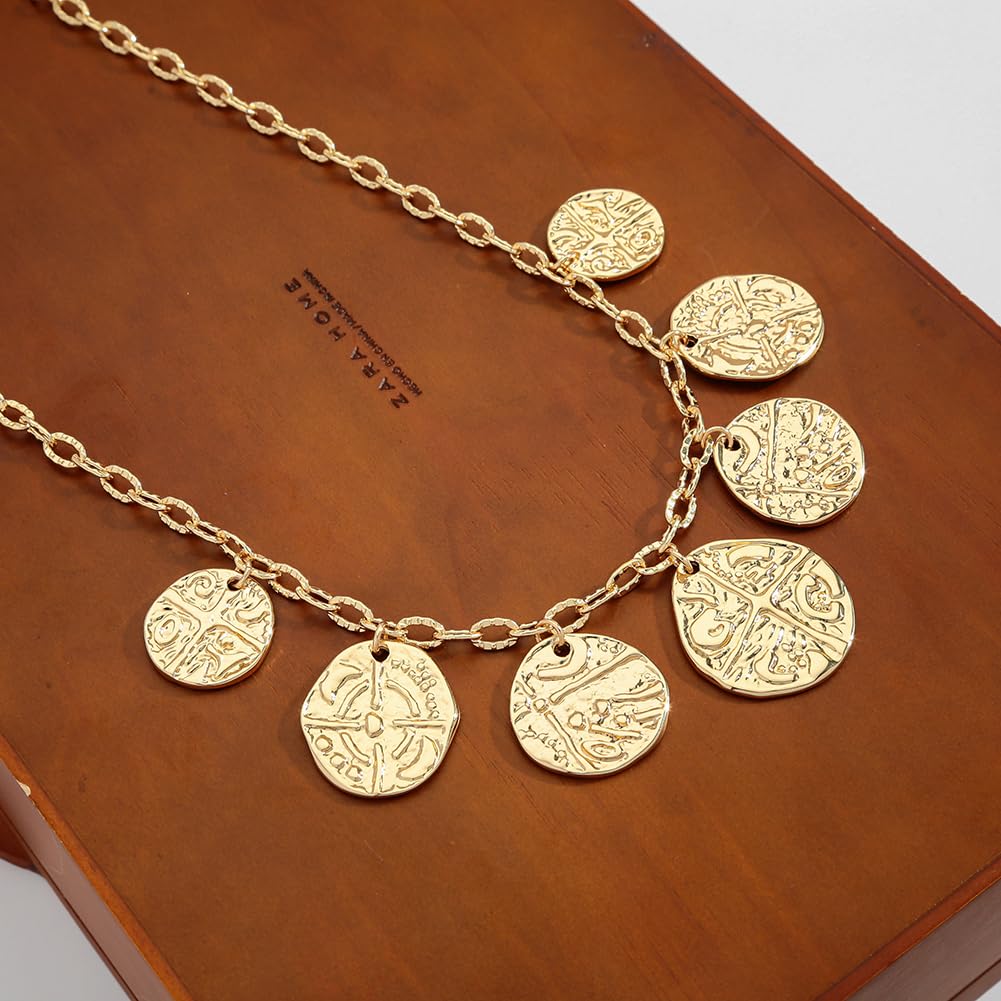 INNERDIVA Gold Chunky Charm Necklace Multiple Coin Pendant Necklace Summer Necklaces Beach Jewelry for Women Present