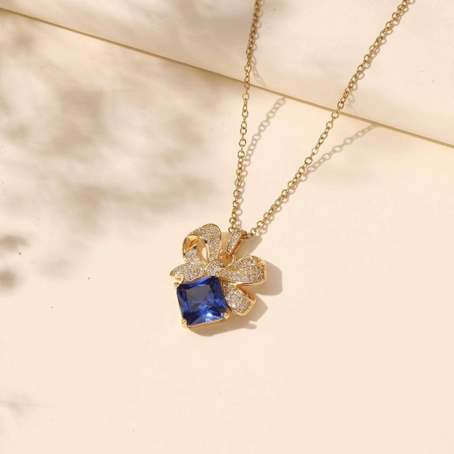 crataly Blue Sapphire Square Bow Necklace for Women-Gold Plated September Birthstone Vintage Necklace For Valentines Day Mother's Day Christmas Birthday Gifts
