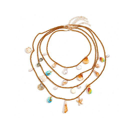 Boho Seashell Necklace For Women, Handmade Multi Layer Beaded Shell Starfish Conch Pearl Charm Pendant Necklaces Summer Beach Fashion Gifts Jewelry (4Pcs Gold)