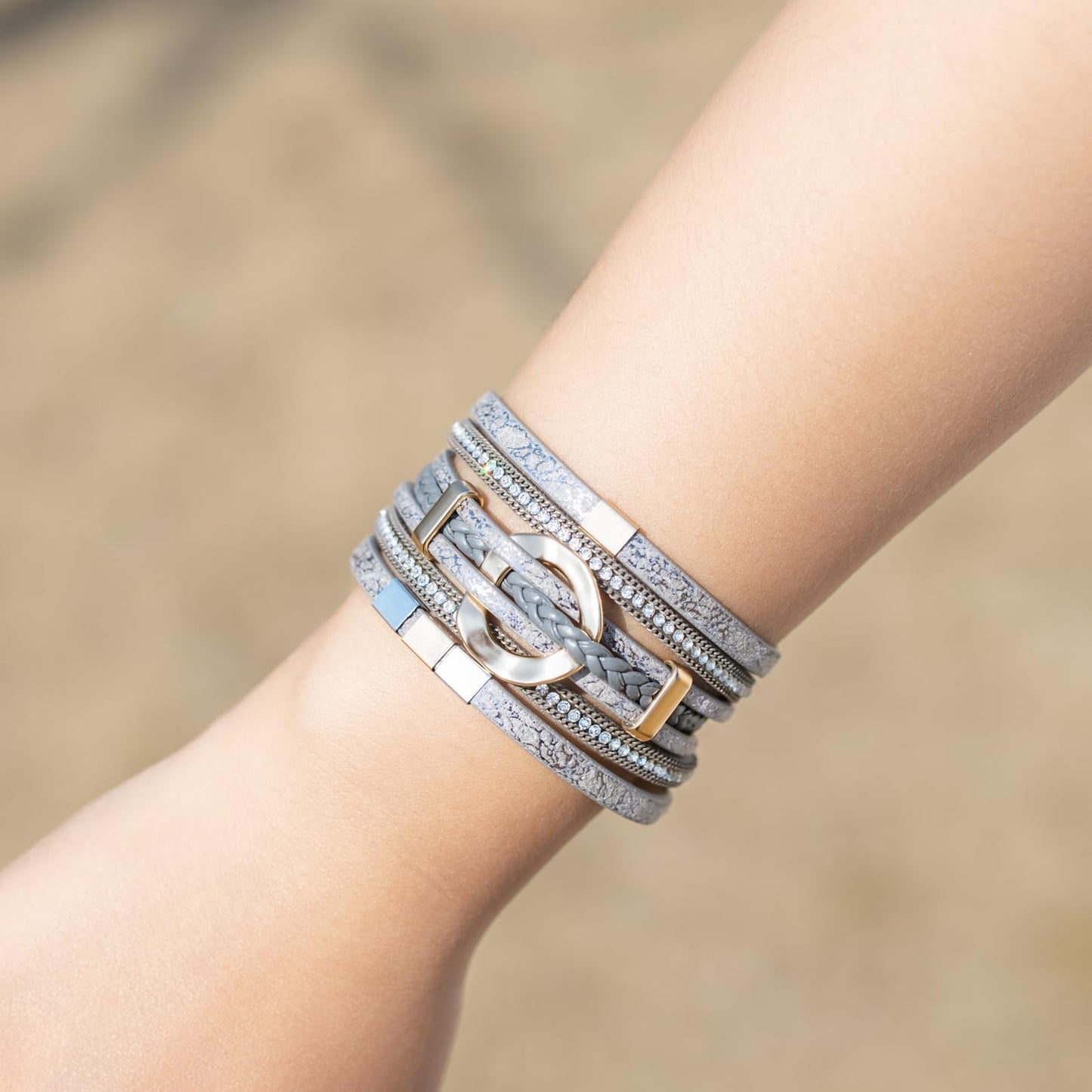 FANCY SHINY Boho Leather Wrap Bracelets Circle Square Bead Braided Handmade Stackable Bracelet Trendy Cuff Bangle for Women(Grey)