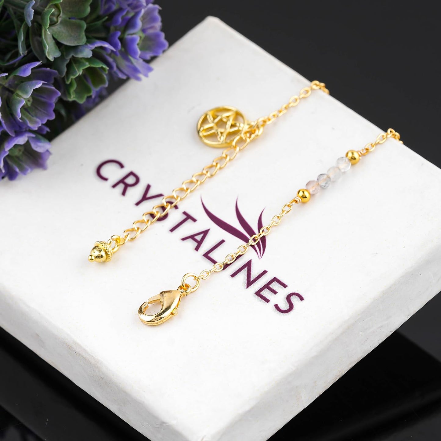 CRYSTALINES Natural Multi Fluorite Gemstone Beads, Handmade Station Dangle Star Charms Anklet, 14K Gold Plated, Adjustable Fashion Boho Jewelry for Women, Healing Crystals, Christmas Gift