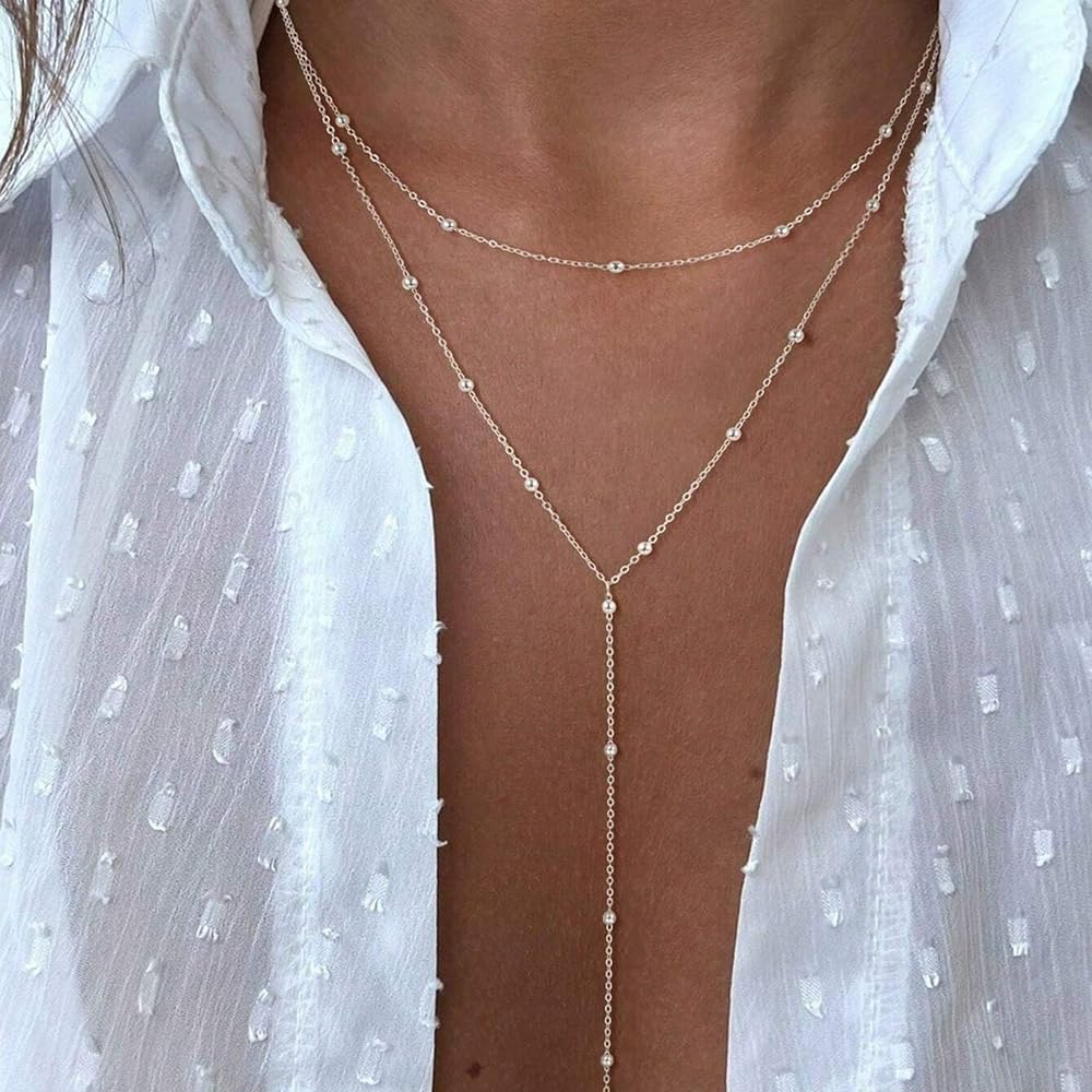 Longita Silver Body Chain Jewelry For Women Body Chain Necklace Jewelry Waist Chains Beaded Drop Y Lariat Silver Long Necklace For Women Sexy Trendy Dainty Y-Shaped Dangle Prom Accessories