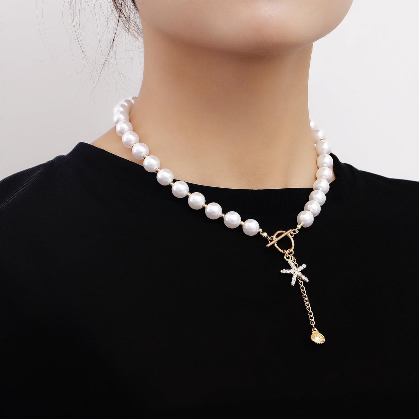 Lookray Starfish Necklace for Women Dainty Seashell Mermaid Charm Necklace Gold Layered Shell Beaded Necklace Boho Summer Beach Jewelry Mermaid Costumes Accessories StyleA