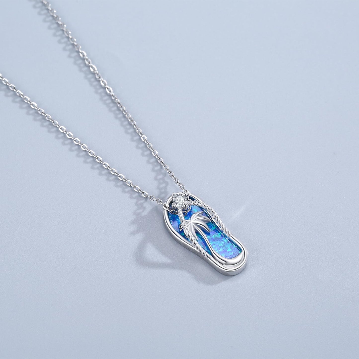 Midir&Etain Flip Flop Necklace 925 Sterling Silver Palm Tree Pendant Beach Blue Opal Necklace Flip-Flop Opal Jewelry for Women Prime