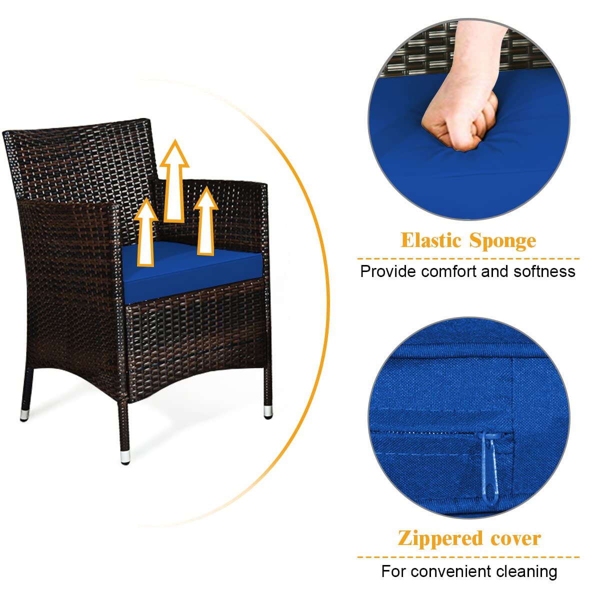 COSTWAY 8PCS Rattan Patio Furniture Set, Outdoor Wicker Rattan Chairs with Coffee Table, Rattan Cushioned Conversation Set for Backyard Balcony Porch Poolside, Navy