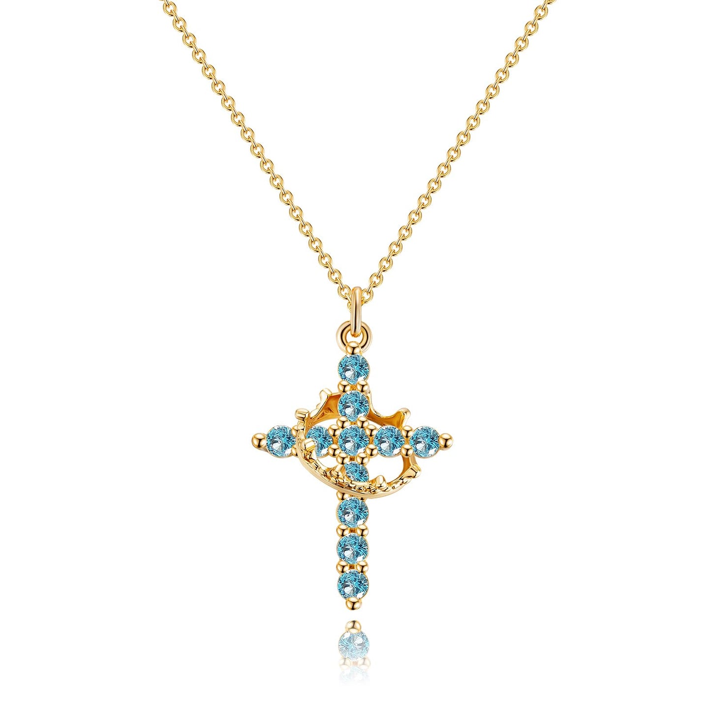 Robaice Birthstone Crown Cross Necklace for Women, Gold-Plated Christian Faith Necklace, Cross Jewelry Gift for Women, March Blue Aquamarine Gift