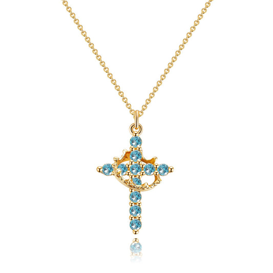 Robaice Birthstone Crown Cross Necklace for Women, Gold-Plated Christian Faith Necklace, Cross Jewelry Gift for Women, March Blue Aquamarine Gift