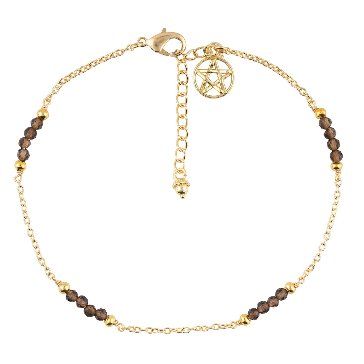 CRYSTALINES Natural Smoky Quartz Gemstone Beads, Handmade Station Dangle Star Charms Anklet, 14K Gold Plated, Adjustable Fashion Boho Jewelry for Women, Healing Crystals, Christmas Gift