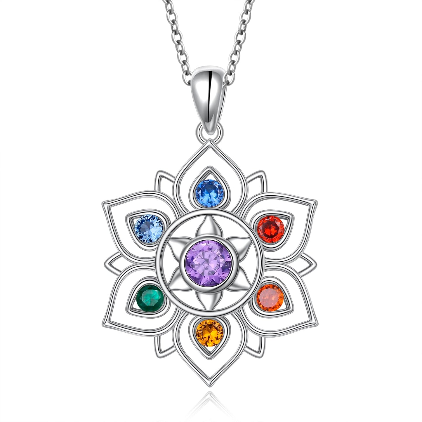 FLYOW 925 Sterling Silver 7 Chakras Lotus Necklace, Rainbow Stones Yoga Pendant for Energy Balance, Spiritual Healing Jewelry for Anxiety Stress Relief Meditation