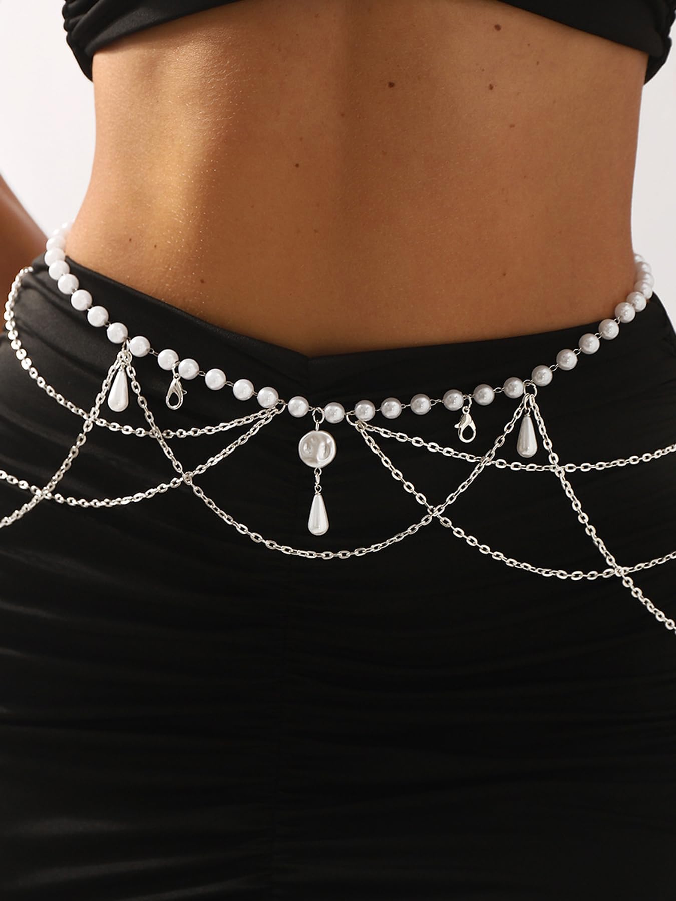 MODRSA Silver Belt Chain Belt for Women Fashion Plus Size Silver Pearl Waist Chains Metal Layered Belts Chains no Tarnish Trendy Belly Belts for Women Dress Pearl Waist Jewelry Dainty