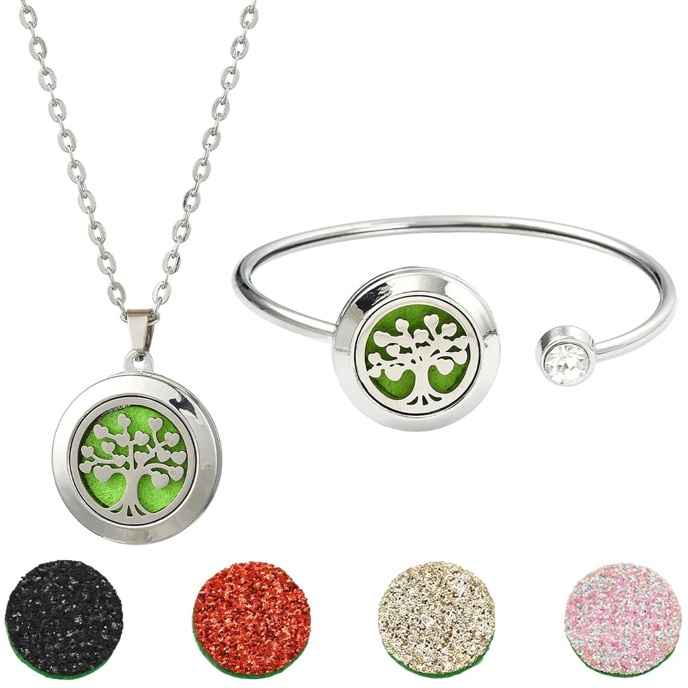 SUNNYCLUE 1Pc Essential Oil Diffuser Bracelet 1Pc Essential Oil Necklace with 10Pcs Refill Pads Tree of Life Stainless Steel Adjustable Bangle Bracelets Necklaces Aromatherapy Jewelry for Women Gift