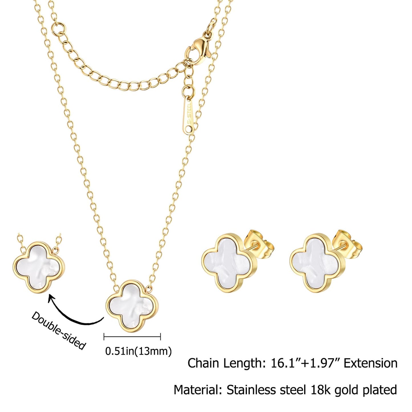 KYJAC Clover Necklace and Stud Earrings Jewelry Set White Black Red Clover Pendant Necklace 18k Gold Plated Four Leaf Clover Necklace Earrings Set Gifts for Women (Gold White Set)