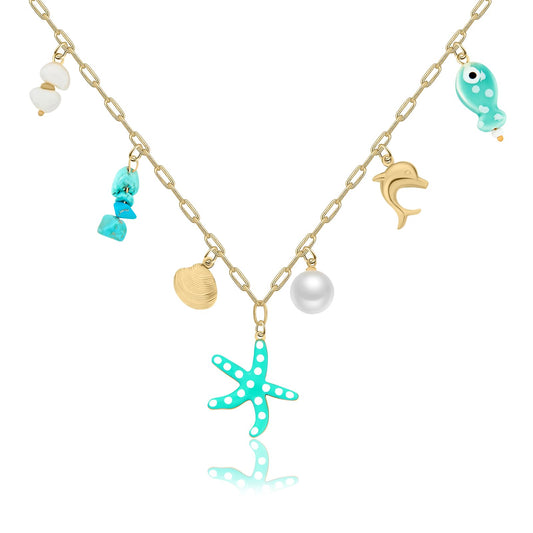 Chunky Gold Necklace Statement Boho Beach Ocean Summer Stainless Steel Jewelry Shell Starfish Turquoise Dolphin Pearl Sun Flower Wave Heart Fish Charm Choker Necklaces for Women(Teal)