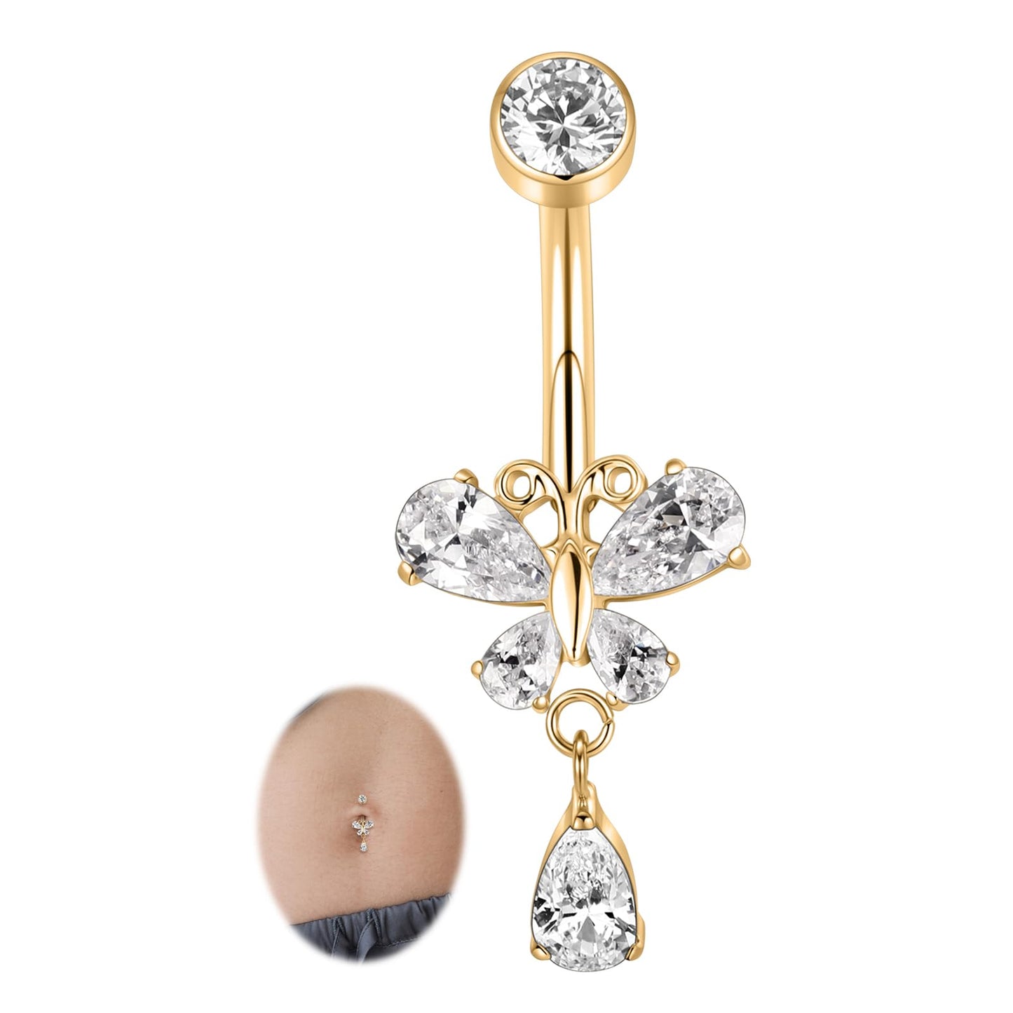 Gold Belly Button Ring 10mm for Women 14G Internally Threaded Belly Jewelry Titanium Dangle Navel Piercing Teardrop Curved Barbell with Butterfly CZ Navel Ring