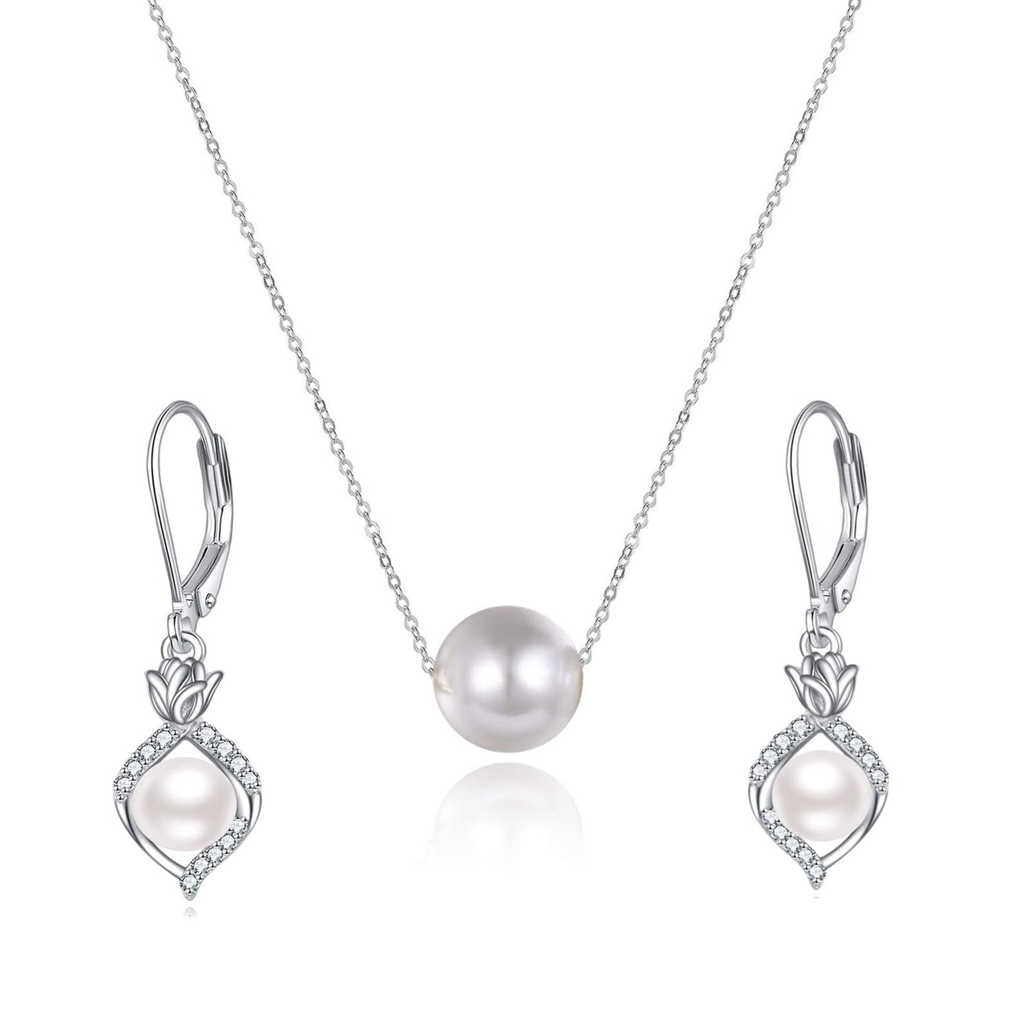 POPLYKE Pearl Necklace and Earring Set Sterling Silver Pearl Earrings and Necklace Set for Women Freshwater Cultured Pearls Wedding Bridesmaids Anniversary Jewelry Gifts