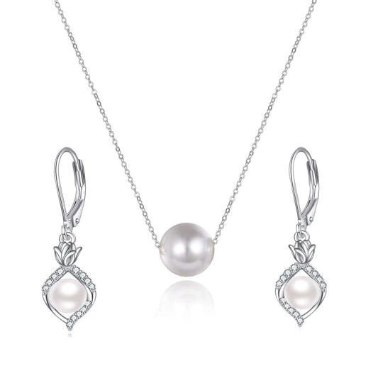 POPLYKE Pearl Necklace and Earring Set Sterling Silver Pearl Earrings and Necklace Set for Women Freshwater Cultured Pearls Wedding Bridesmaids Anniversary Jewelry Gifts
