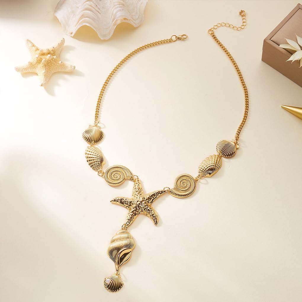 Twentylo Gold Chunky Starfish Statement Necklace for Women,Trendy Boho Layered Shell Choker Necklaces,Dainty Beach Vacation Dress Jewelry (Single)