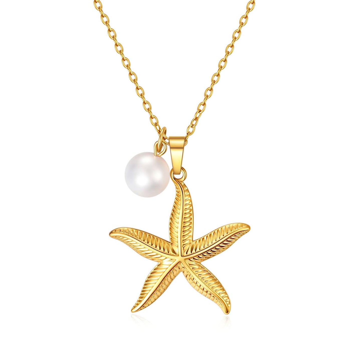 Gold Plated Coastal Starfish and Pearl Necklace for Women,Hypoallergenic Ocean Theme Beach Jewelry
