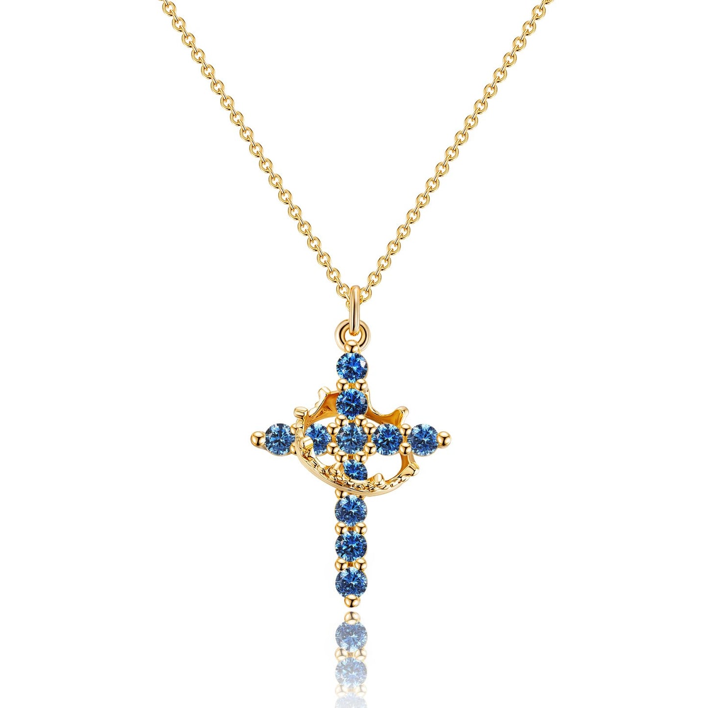 Robaice Birthstone Crown Cross Necklace for Women, Gold-Plated Christian Faith Necklace, Cross Jewelry Gift for Women, September Blue Sapphire Gift