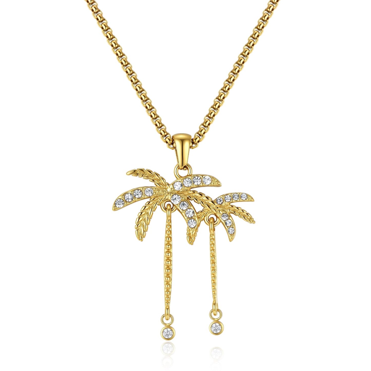 NUZON Summer Vacation Palm Tree Necklace for Women, 14K Real Gold Plated Stainless Steel CZ Coconut Tree Pendant Necklace, Dainty Tropical Beach Jewelry, Everyday Layered Chain Necklace Gift Adjustable 18"