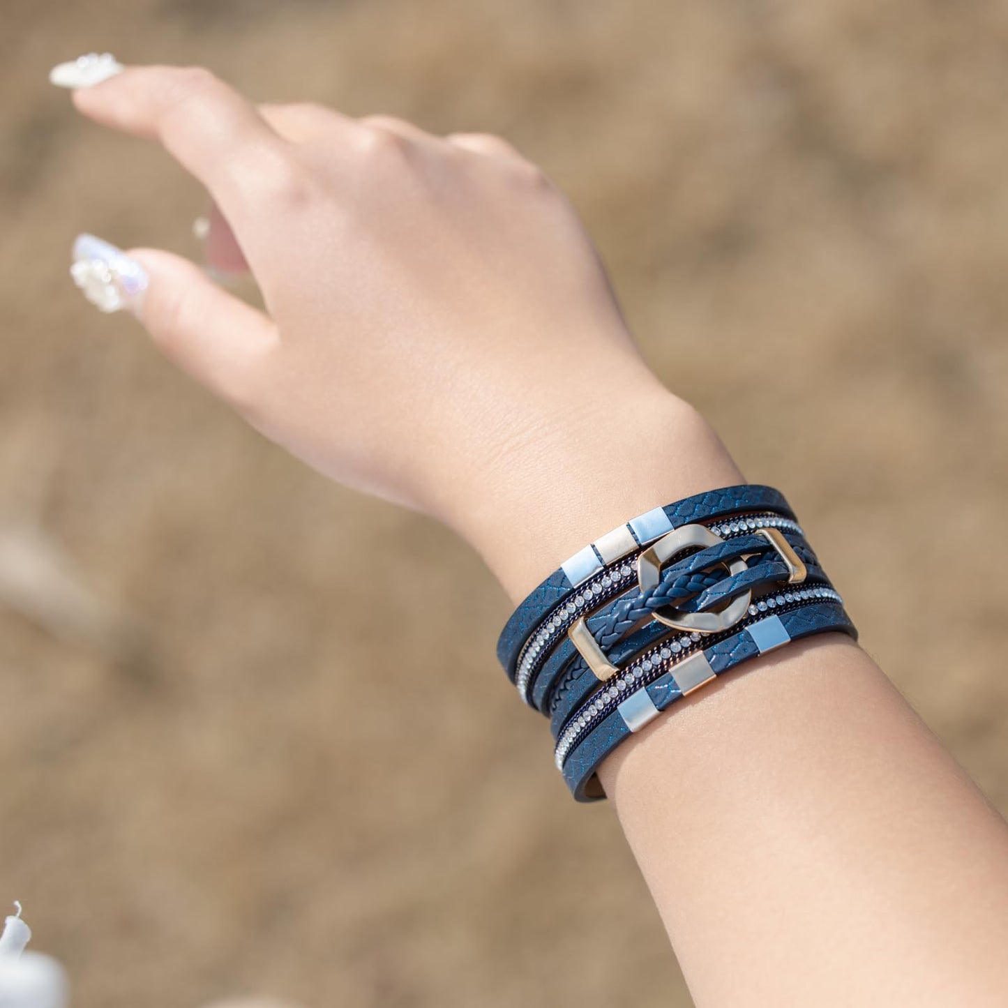 FANCY SHINY Boho Leather Wrap Bracelets Circle Square Bead Braided Handmade Stackable Bracelet Trendy Cuff Bangle for Women(Blue)